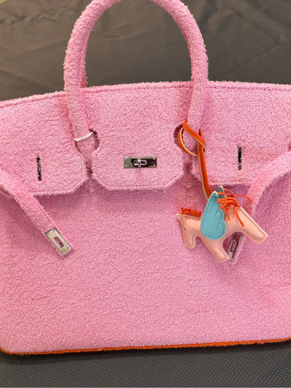 Pink Textured Top-Handle Tote Bag with Unicorn Charm. New - Picture 11 of 15